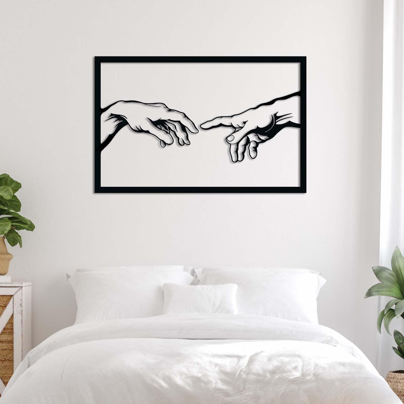 Arte Mural de Metal, Creación de Adán, Arte de Dios, Decoración bíblica, Living (Plateado, 121 x 78 cm)