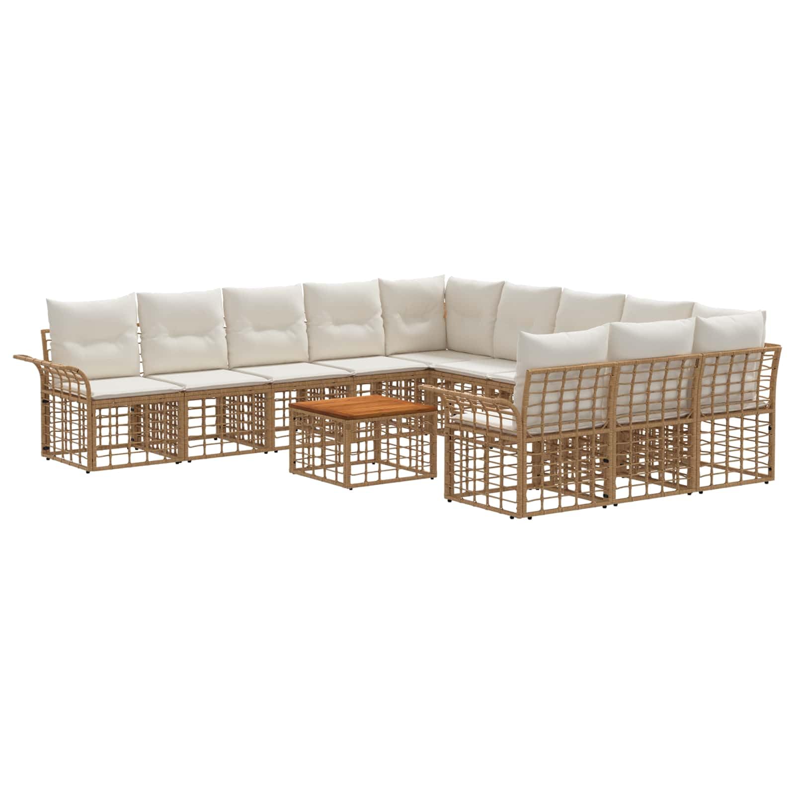 Set di divani da giardino in polyrattan, 12 pezzi, colore bianco crema naturale | Gruppo lounge modulare con tavolo in legno di acacia e cuscini per giardino e terrazza. Regolabile in modo flessibile.
