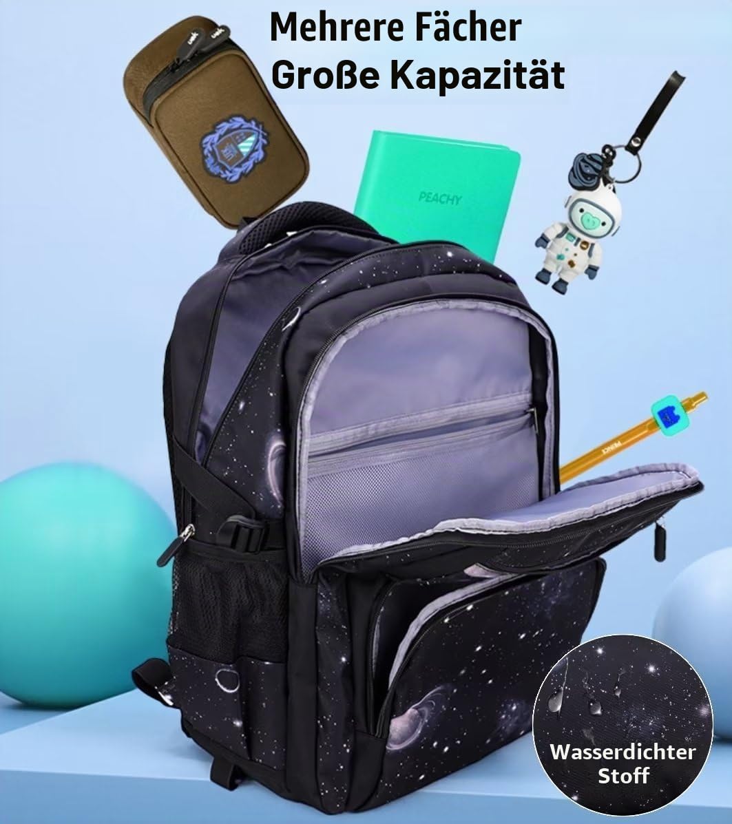 Schulrucksack Jungen Teenager Trolley Schulranzen Jungen Schultasche Koffer Rucksack mit Rollen, 3-teiliges Schultaschen-Sets mit Lunch Tasche und Federmäppchen (Blauer Sternenhimmel)