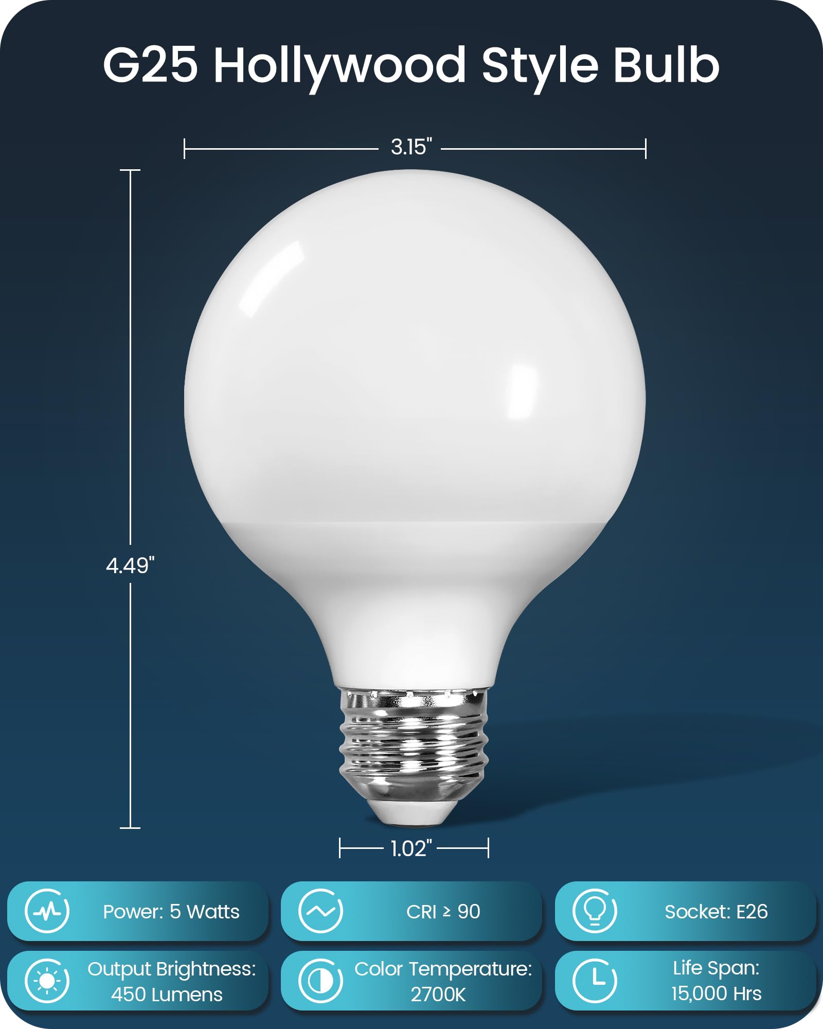 6-Pack G25 LED Vanity Light Bulbs 5W 60W Equivalent 5000K Cool White 450LM CRI90 Non-Dimmable Globe Bulb for — view 4