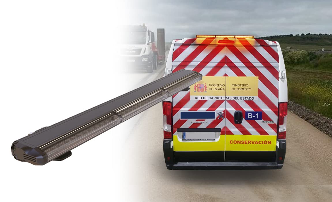 Barra de Emergencia LED Ámbar R65 - 777 mm. 25W - Emergencia Homologado Advertencia 12/24 V - 5 Funciones - Luz Emergencia Diseño Slim Aerodinámico, Grúas, Vehículos Especiales y Prioritarios