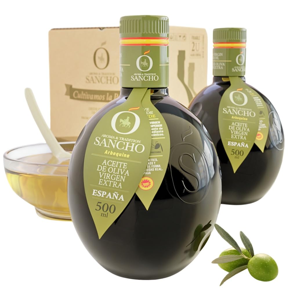Aceite De Oliva Virgen Extra Arbequina Pack Premium 2x 500ml Botella Vidrio AOVE SANCHO Gourmet Suave Aromatico Frutal Cosecha Temprana Primera Extracción en Frío Origen España DOP La Mancha 2 61egZoLGowL