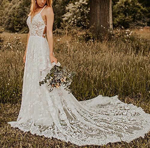 Women's Lace Boho Wedding Dresses for Bride 2022 with Long Sleeves Bohemian Beach Mermaid Bridal Gowns2
