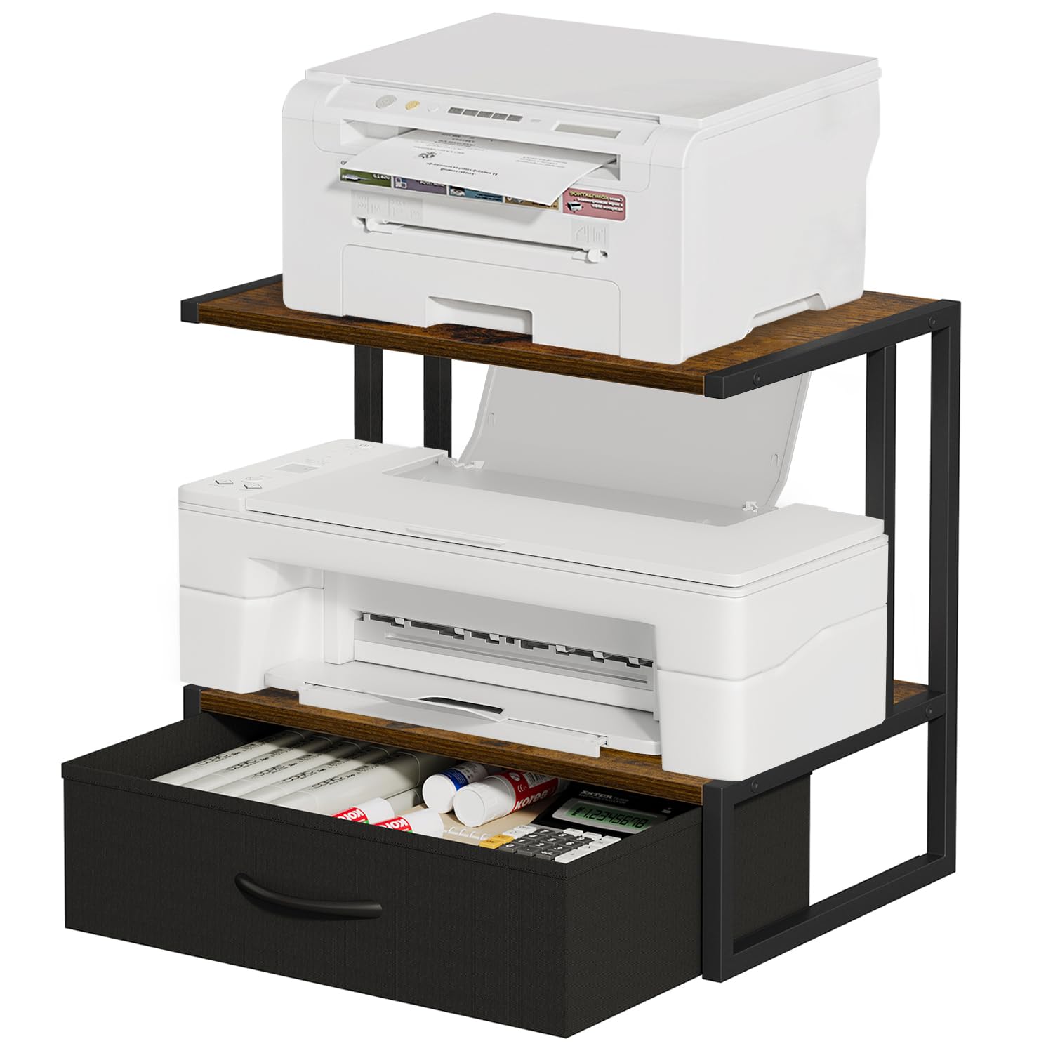 Soporte de impresora con almacenamiento para escritorio, con cajón de tela, soporte de impresora de escritorio, organizador para oficina en casa, para mesa de impresora sobre y debajo del 9