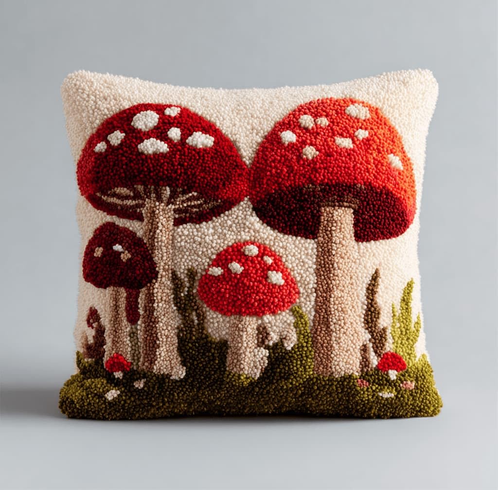 Kitquiver Latch Hook Kits for Adults Mushrooms Rug Cover Pillowcase Beginner DIY Needlework Embroidery Kits Handmade Set Craft Sofa Home Decor 43X43Cm