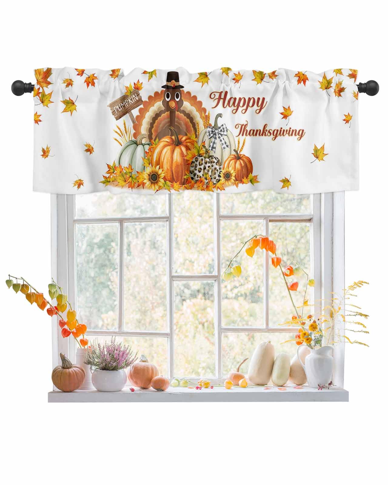 Qiaullityot Turkey Valances for Windows, Short Kitchen Curtains Drapes, Thanksgiving Fall Pumpkin Maple Leaf Autumn Window Treatment Curtain Toppers