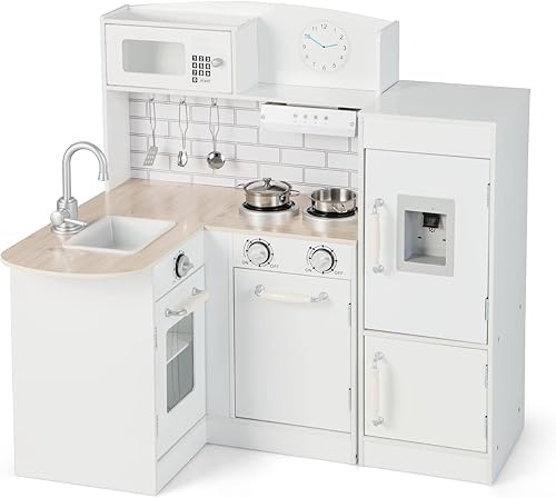 HONEY JOY Juego de cocina esquinera para niños, cocina de madera para niños pequeños, dispensador de agua, microondas, campana extractora,