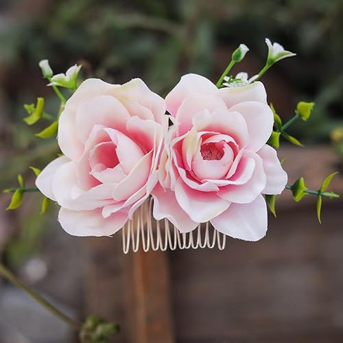 Miniatura 2 de Peine de flor rosa rosa con pieza de pelo de boda de primavera para novias, niñas de flores y damas de honor, plata