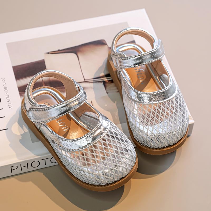 Toddler Girls Mesh Mary Jane Sandals, Hook and Loop Strap, Cream White with Brown Sole4