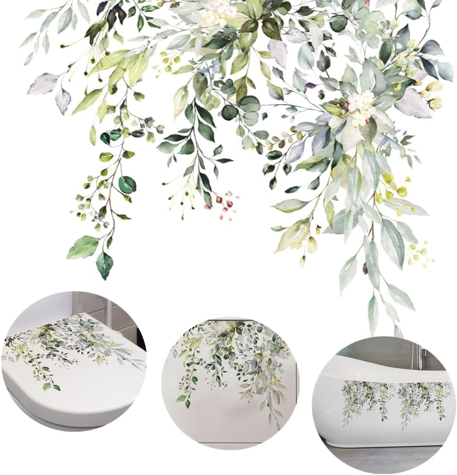 2Pcs Green Plant Leaves Flowers Toilet Stickers Self