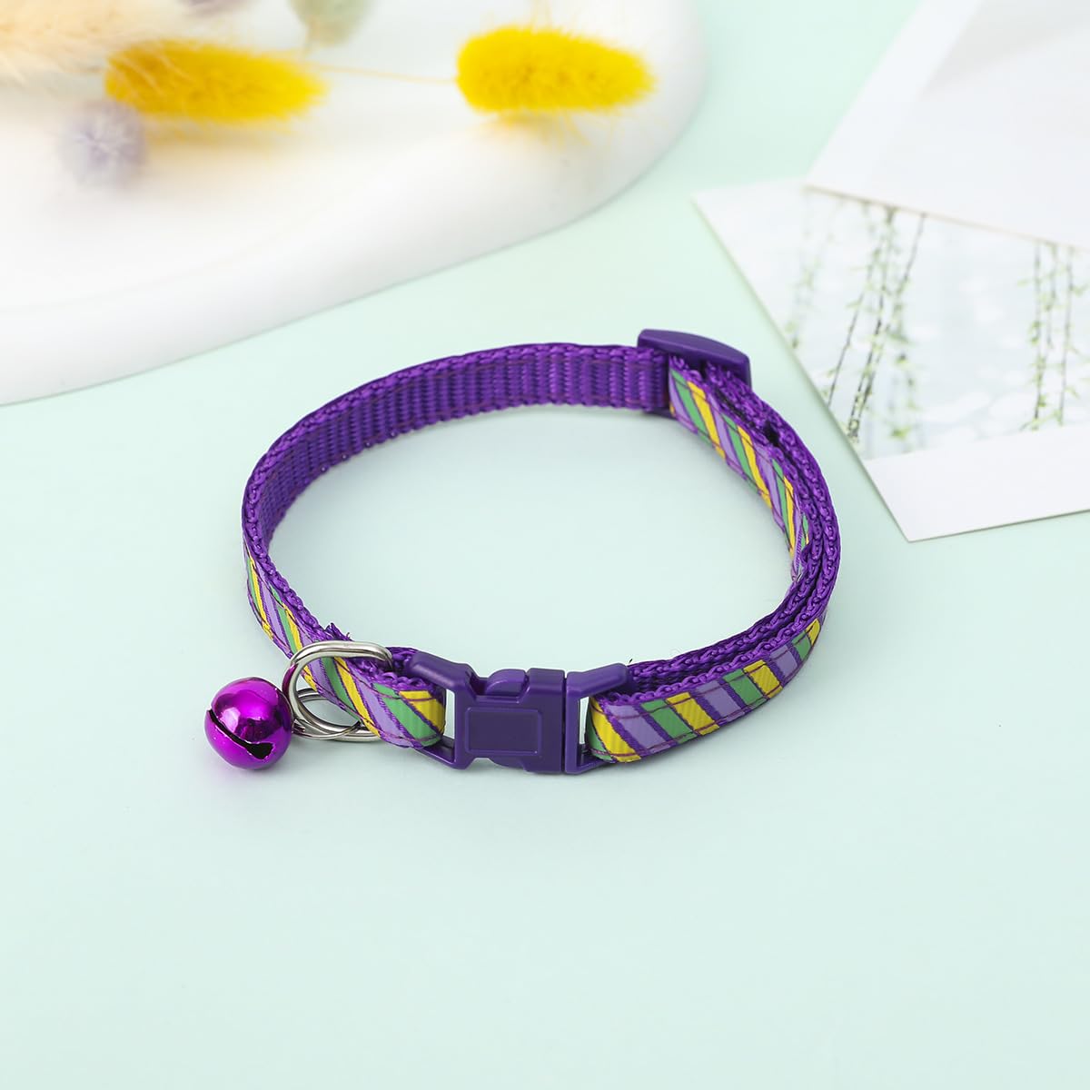 YellowCult Fancy & Comfortable Pet Collars for Cats, Puppies, Small Dogs, Fat Rabbits with Adjustable Size, Bell & Buckle Safety Lock-[Multicolor Stripes] - [Purple]