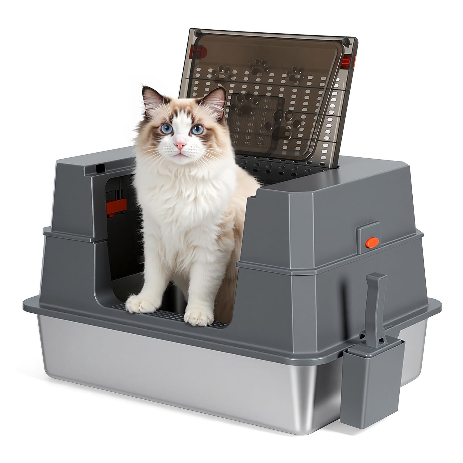 Edelstahl Katzenklo XXXL mit Deckel, auslaufsichere geschlossene Katzentoilette mit hohem Rand, für große Katzen, 70 x 50 x 43 cm, geruchsresistent, leicht zu reinigen, mit Pedal und Schaufel