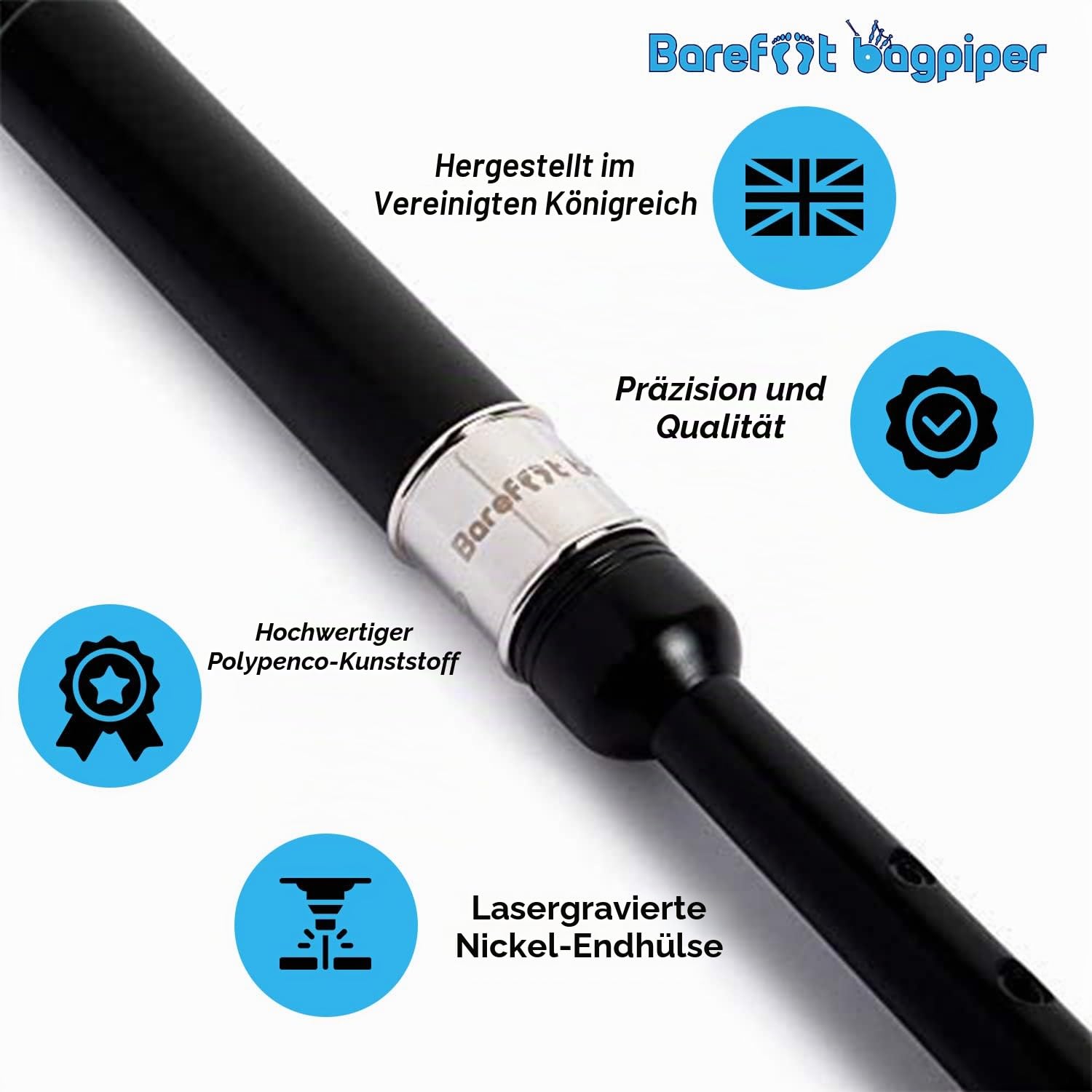 Barefoot Dudelsack-Übung, Standardlänge, 45,7 cm, mit Lochabstand in voller Größe und vernickelter Gravurhülse. Tan Cord Tragetasche 2 hochwertige Blätter. Learn Highland Dudelsack