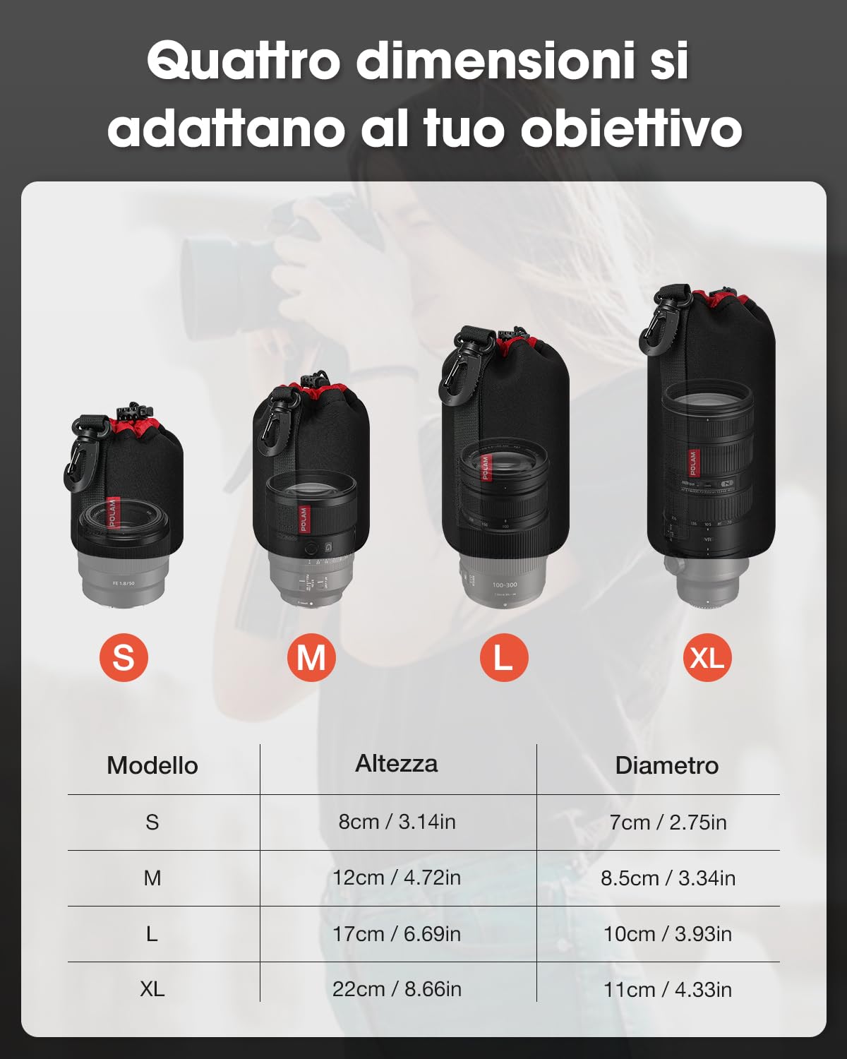 Sacchetti Lenti, 4 custodia per obiettivo Set per proteggere lenti DSLR, neoprene con morbida spessore nero in peluche per Canon, Nikon, Tamron, Sigma, Pentax, (Piccola, Media, Grande e XL)