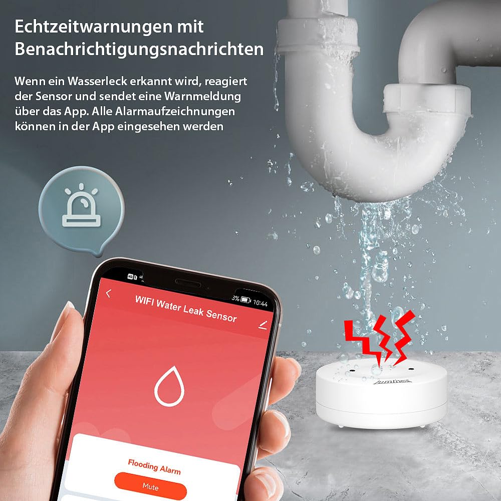 Luminea Home Control sensore livello dell'acqua: Rilevatore di acqua WLAN, Suono di allarme a 80 dB, Wi-Fi (rilevatore acqua smart, d'acqua da pavimento Wi-Fi, ipad)
