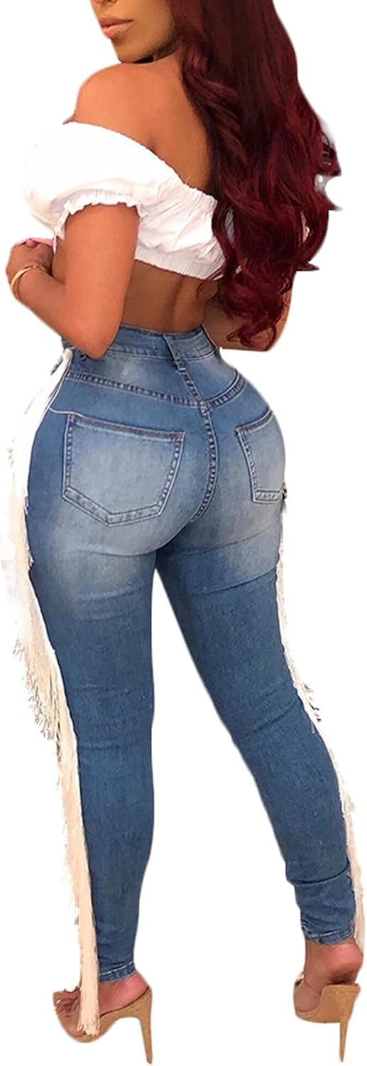 SOMTHRON Women's Tassel High Waisted Ripped Skinny Jeans Distressed Destroyed Long Fringe Denim Pants Hip Hop Streetwear