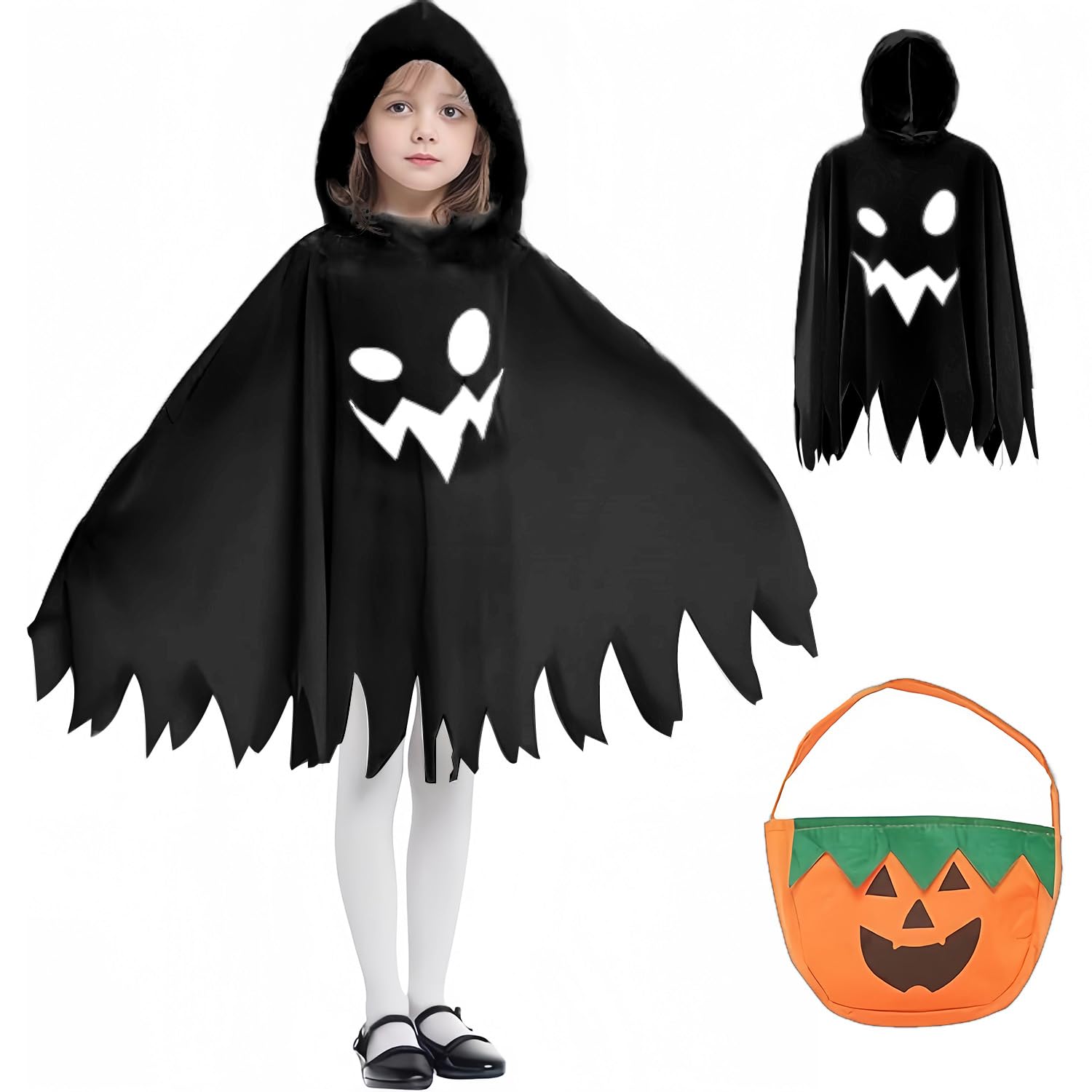 JOYUE Costume di Halloween da Fantasma Bambino, Fantasma Costume Bianco Bambina con Borsa e Forchetta da Diavolo, Occhiali e Mantello di Halloween per Festa di Carnevale Cosplay (10-12 anni