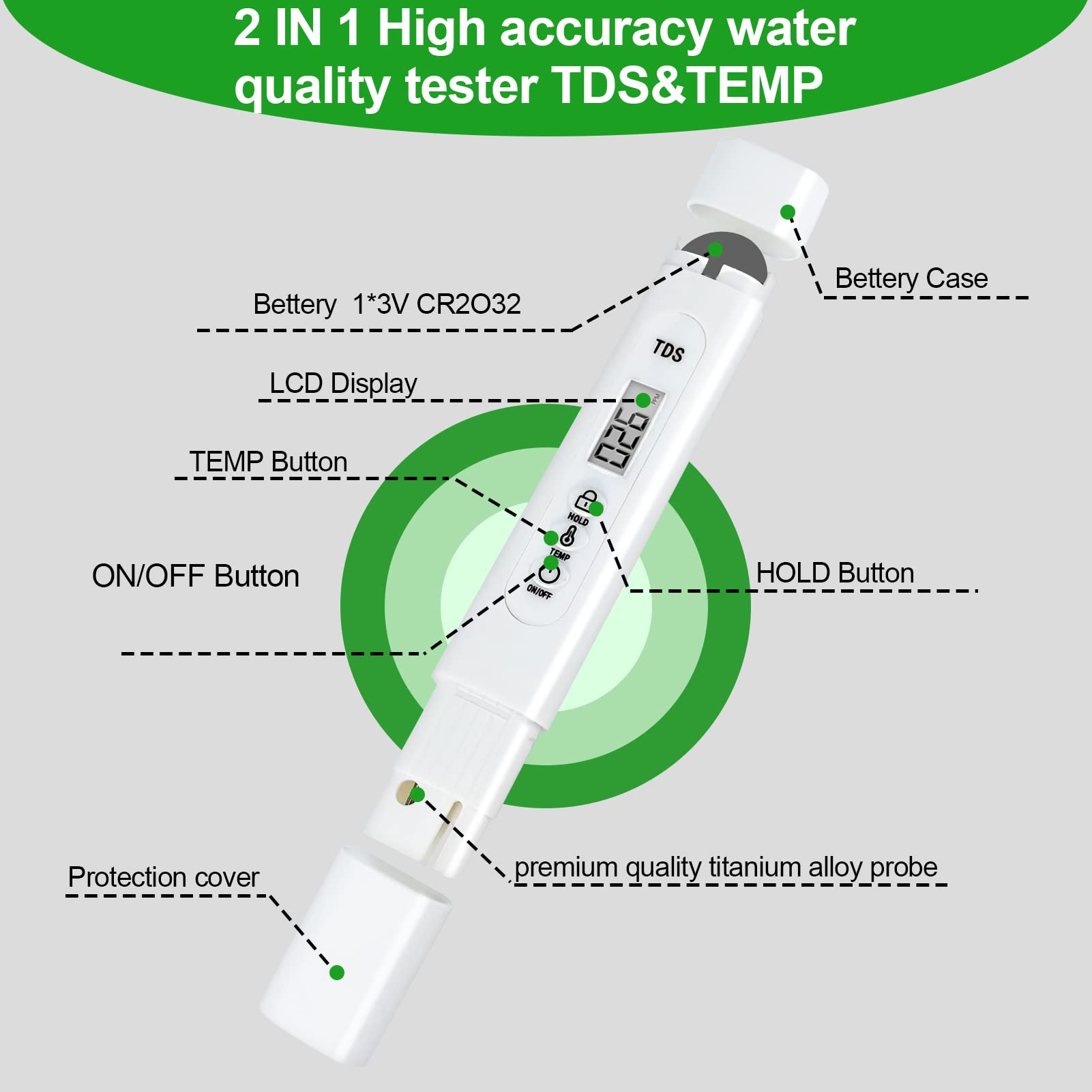Misuratore pH TDS Combo, pH TDS Temperature 3 IN 1 Tester di qualità acqua con 0,01 pH, ± 2% Alta precisione Ideale test di purezza dell'acqua per acqua potabile, piscina, acquari, idroponica
