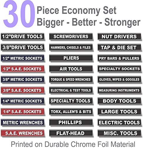 "Magnetic" Tool Box - Tool Chest Organizer Labels (Blue Edition) Organize Boxes, Drawers & Cabinets "Quick & Easy", Fits All Brands Of 'Steel' Tool Chest Craftsman, Snap-On, Mac #TOP2