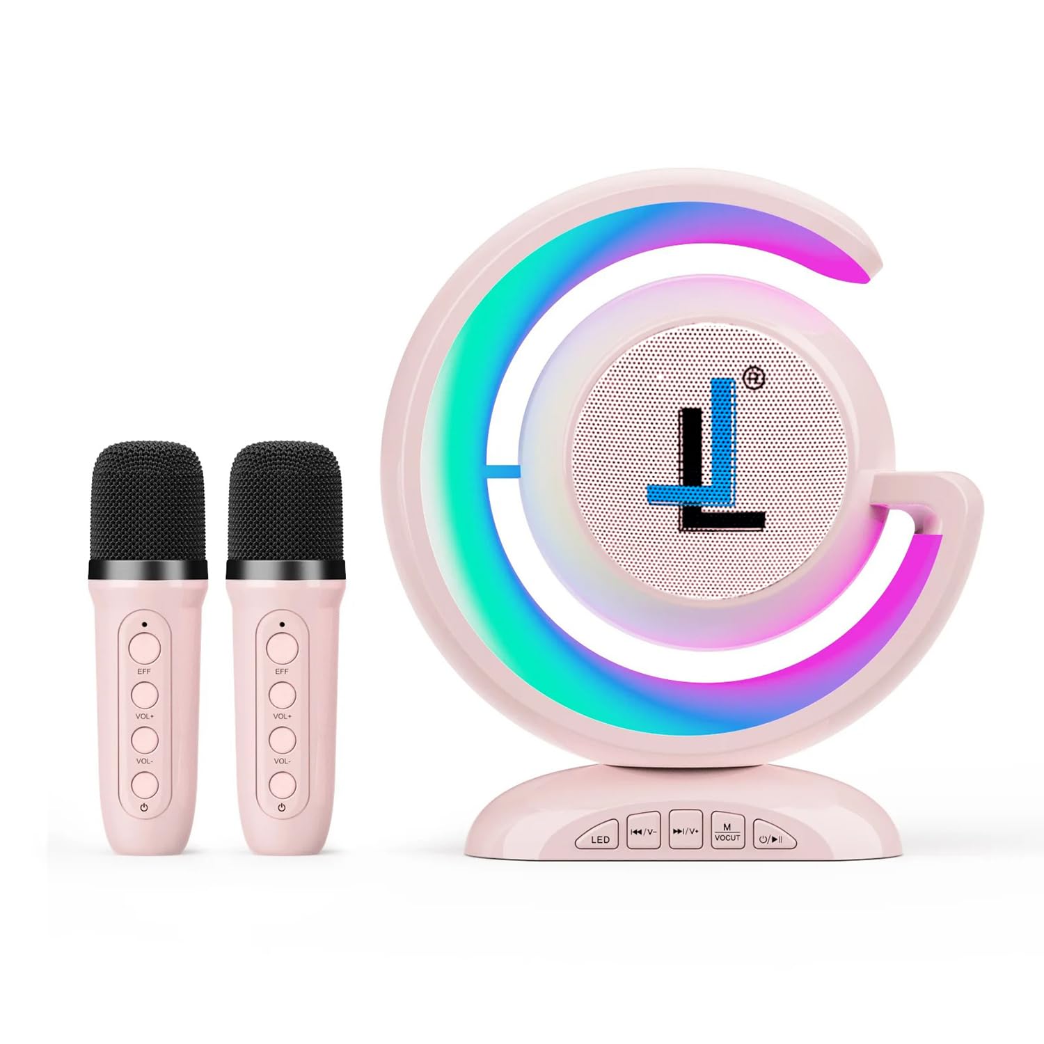 Karaoke Speaker with Microphone, LED Lights, Bluetooth, USB-C, TF Card, Karaoke Machine, Portable Party Speaker with Rechargeable Wireless Karaoke Microphone for Home & Outdoor Use (Pink)