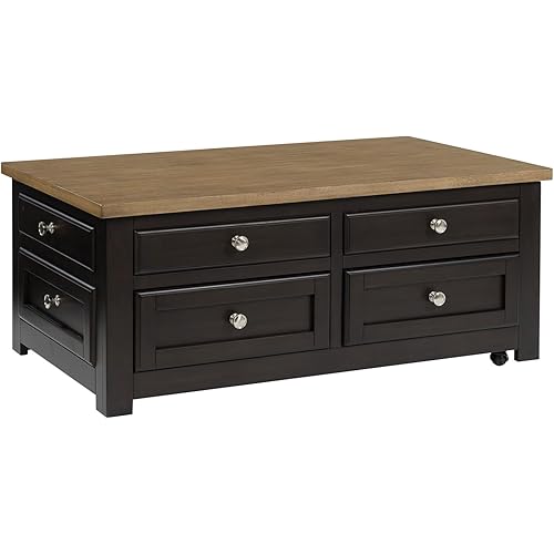 Signature Design by Ashley Drazmine Casual Lift-Top Coffee Table with 4 Drawers and Casters, Dark Brown & Light Brown
