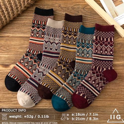 Image of IIG 3-5 Pairs Womens Vintage Cozy Crew Socks Soft Cute Neutral Cotton Socks Exquisite Patterns Socks Gift