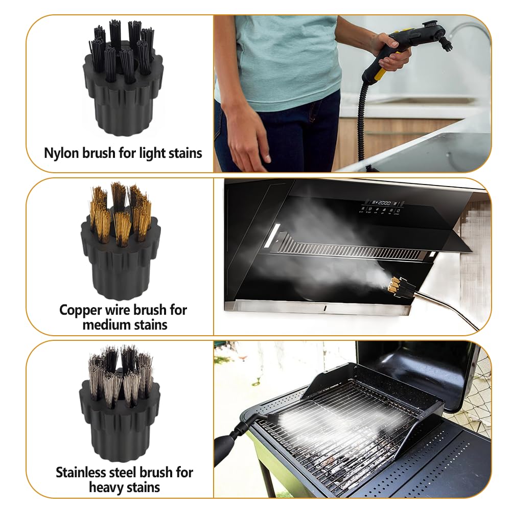 DONGKER Tête de Brosse pour Nettoyeur Vapeur,10 Pièces,Poils en Nylon/Cuivre/Acier Inoxydable,Têtes de Rechange pour Joints de Carrelage de Salle de Bain,Coins,Cadres de Fenêtre et Bords D'évier