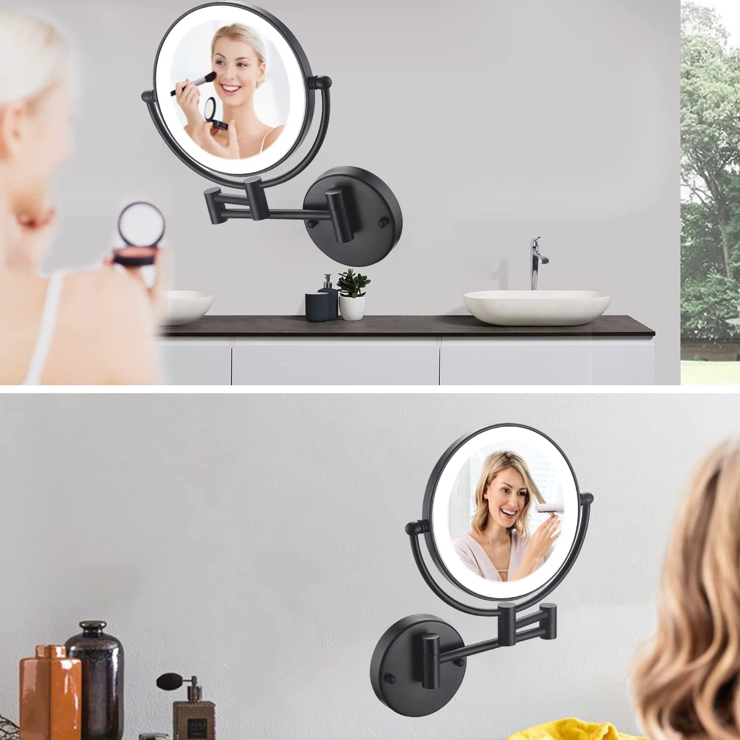 Espejos Maquillaje con Luz, 8 Pulgad Negro Espejo Aumento Pared 360 Rotación Espejo Extensible Baño Brillo Regulable Espejo Cosmetico Espejo Ducha con Interruptor Táctil