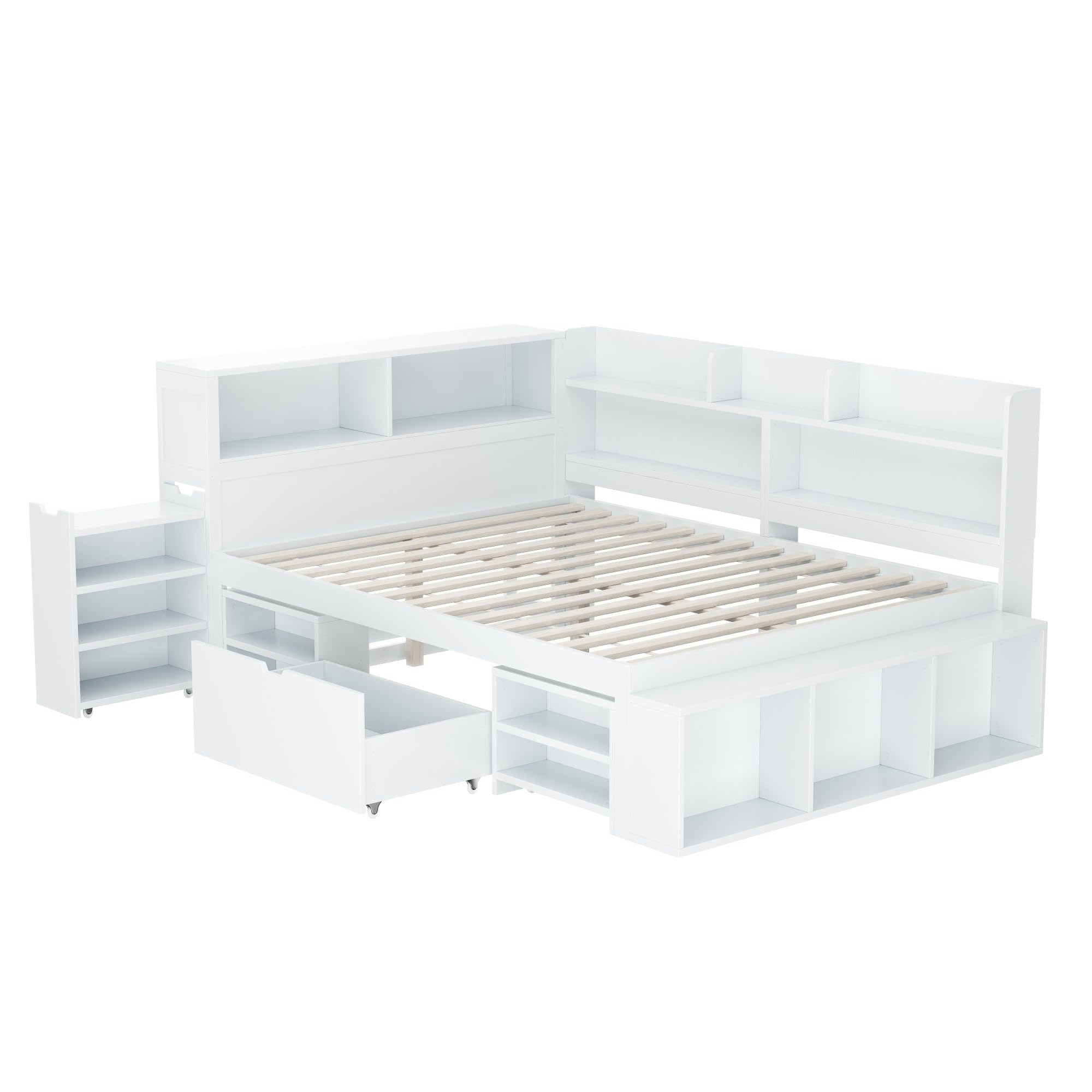 Mrwoo Doppelbett 140x200 cm, Kinderbett Stauraumbett mit Schubladen Stauraum und Offenes Regal, Reichlich Stauraum, Lattenrost, Für Jungen und Mädchen Geeignet, Weiß (Ohne Matratze)