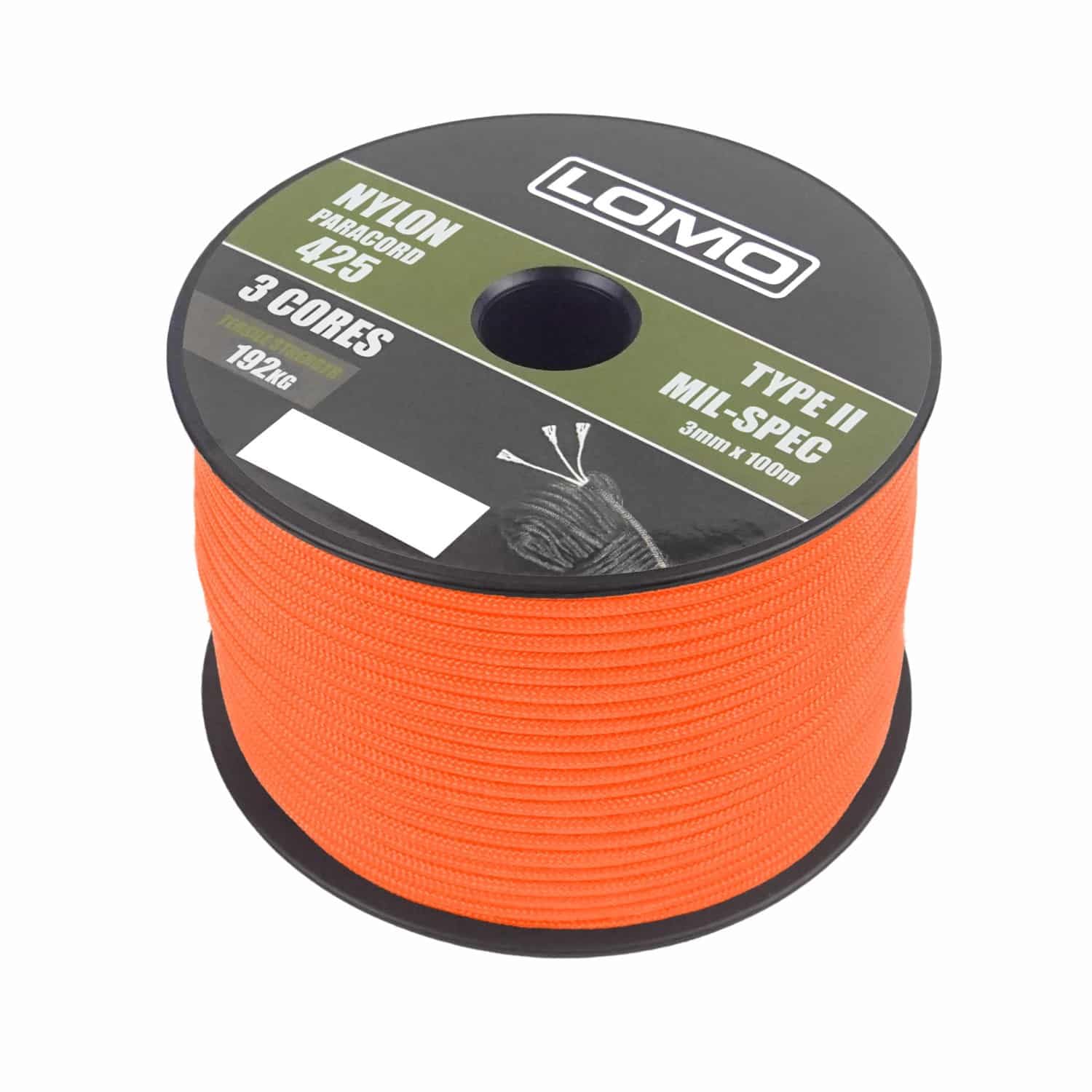 Lomo Orange 3 Strand 425 Paracord - 100M Camping Bushcraft Shelter Building