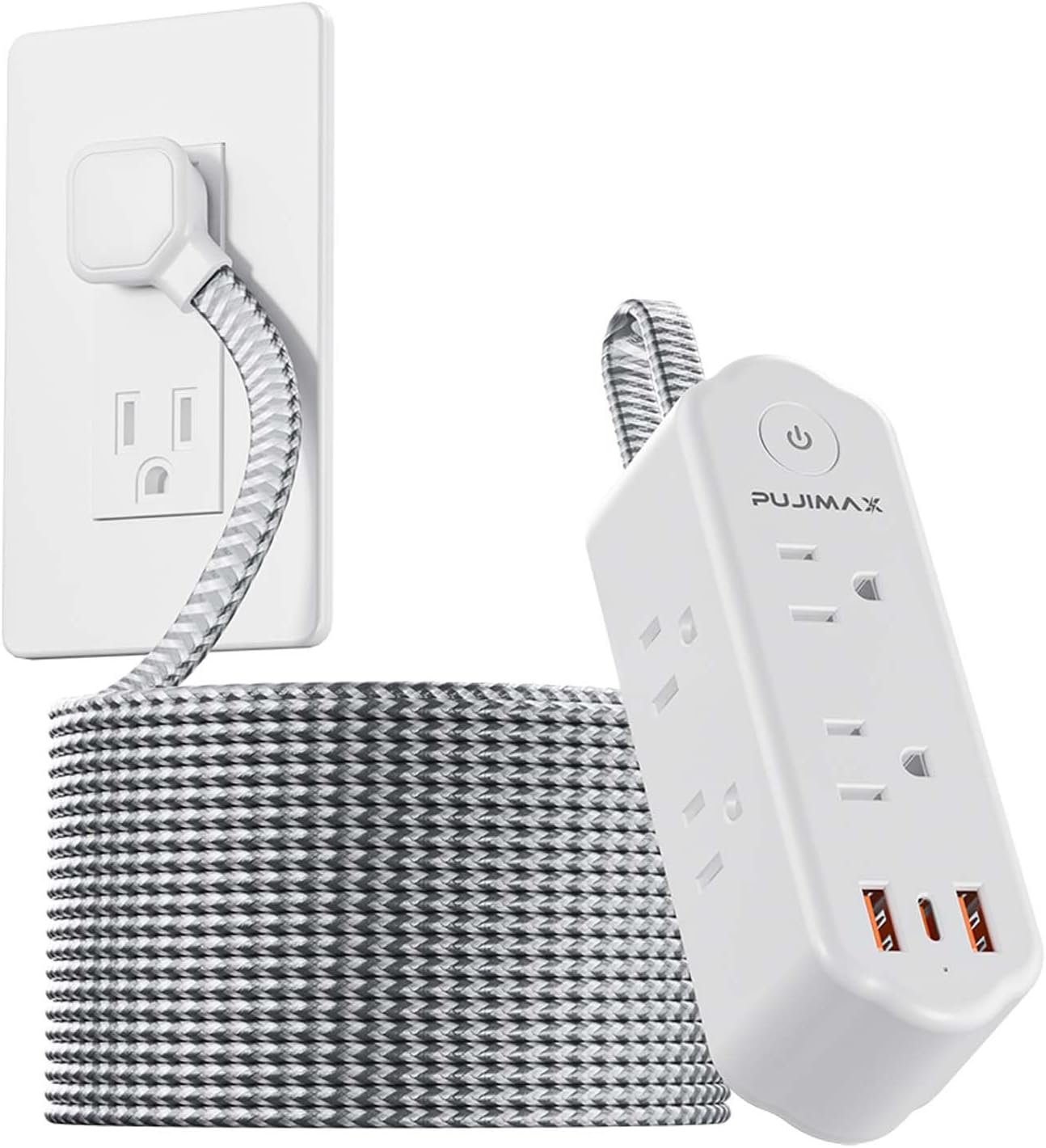 PUJIMAX Surge Protector Power Strip with USB-C, 6 Outlet Extender Cord with 2 USB Ports, 5FT Flat Smart Plug, Overload Protection, Wall Mount, ETL Listed for Home Office, Dorm, Desktop & Travel