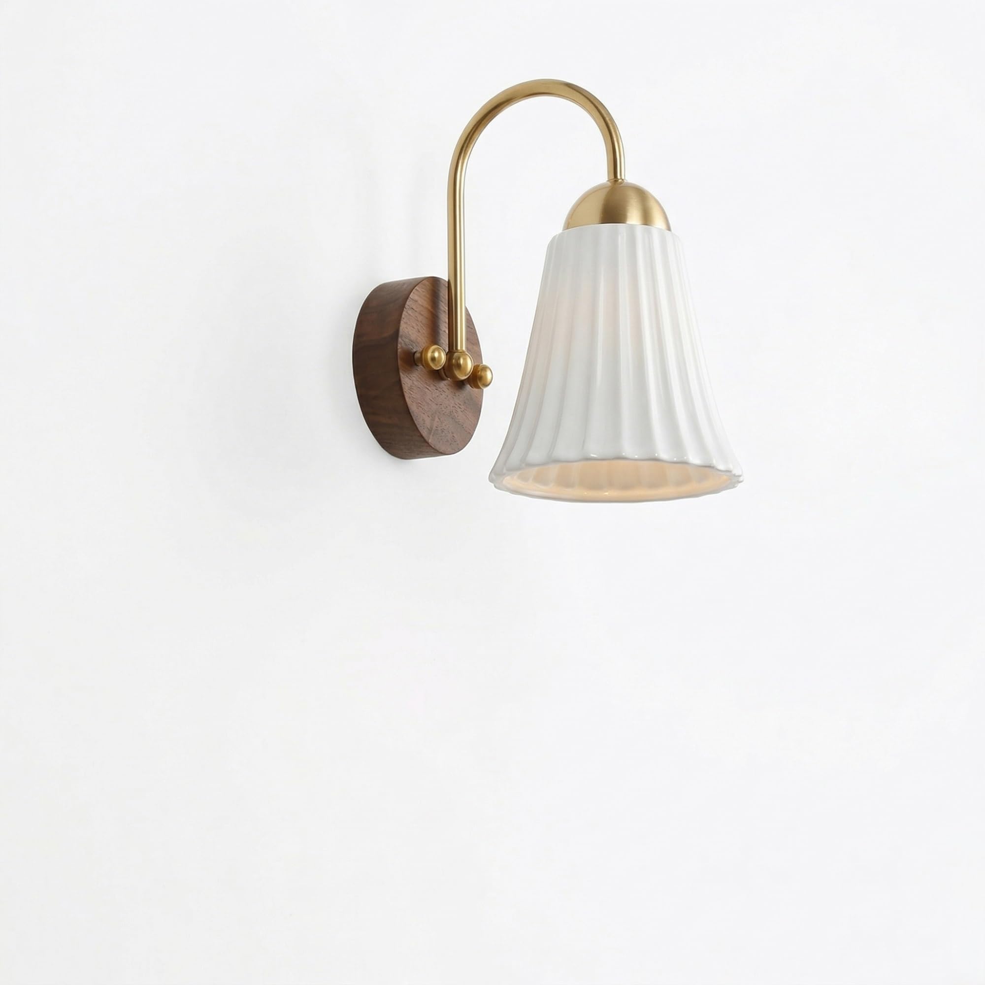 NHPJFDC Modern Ribbed Ceramic Wall Sconce, Walnut Wood Base Wall Light Fixture, Mid-Century Nordic Wall Lamp with Pleated Shade for Bedroom, Bedside, Living Room, Hallway