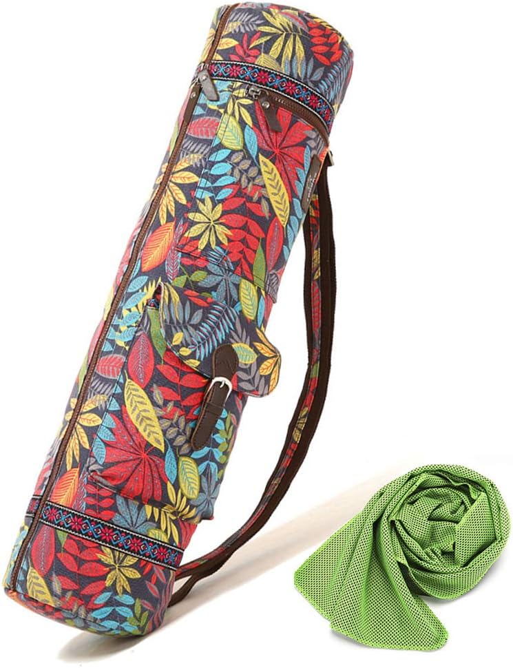 Yoga Mat Bag and Carrier with Sport Towel, Yoga Mat Sling Bag, Canvas, Eco Friendly Printing, Adjustable Strap, with 2 Functional Pockets