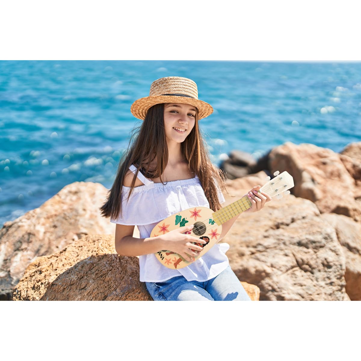 Lexibook, Disney Vaiana, Il Mio Primo Ukulele in Legno, 4 Corde in Nylon, 53 cm, Guida Inclusa, Blu, K230VNLXB