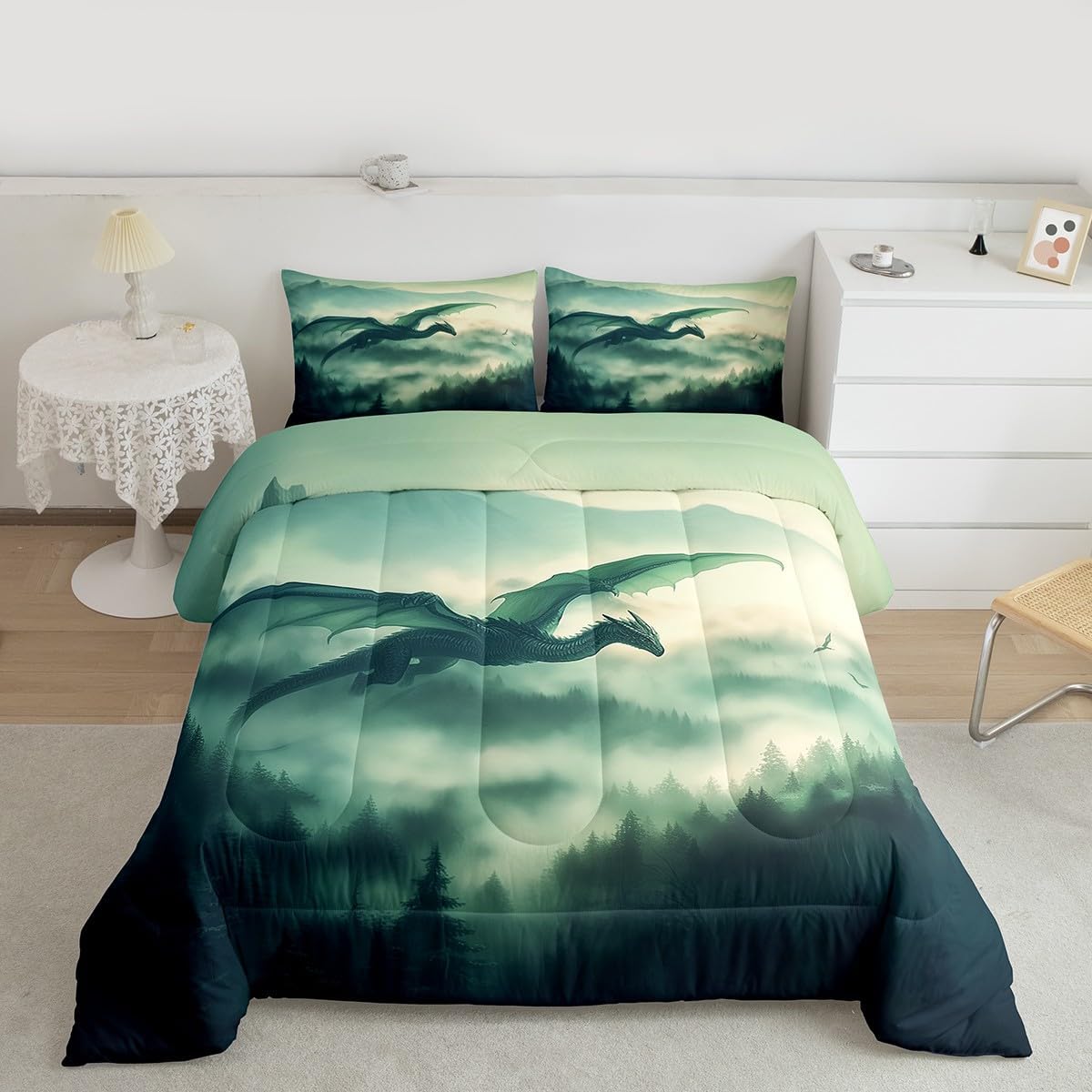 Castle Fairy Flying Dragon Bedding Sets,Western Dragon Animal Decor Comforter Set for Kids Teens Adults,Watercolor Green Jungle Trees Quilted Comforter with 1 Pillowcase Toddler Size 2 Pcs