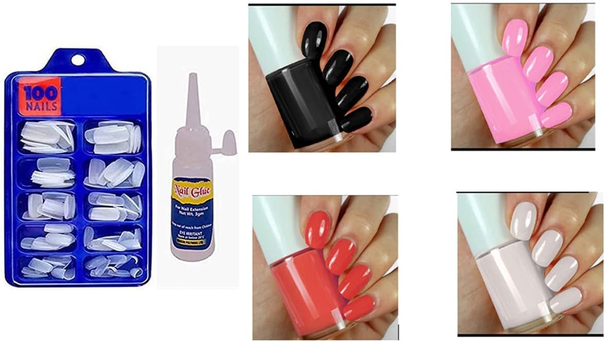 KTABRIZ Artificial Nails Set Acrylic Fake false Nails Set Of 100 Pcs Artificial Nails With Nail Glue White With 4 Premium Shades OF Nailpaints Long Lasting Combo PACK