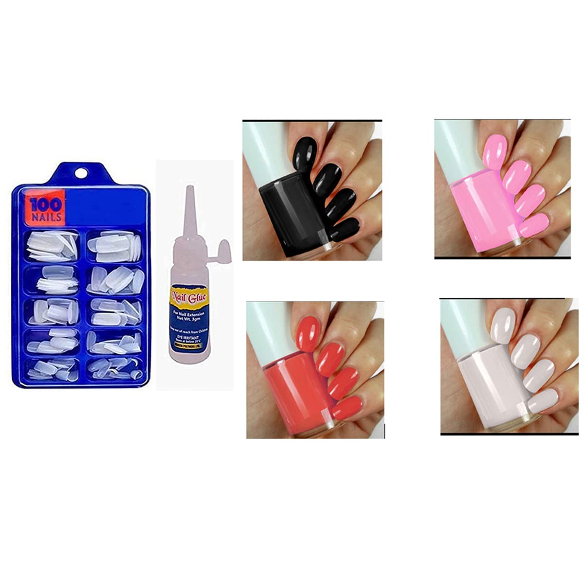 KTABRIZ Artificial Nails Set Acrylic Fake false Nails Set Of 100 Pcs Artificial Nails With Nail Glue White With 4 Premium Shades OF Nailpaints Long Lasting Combo PACK