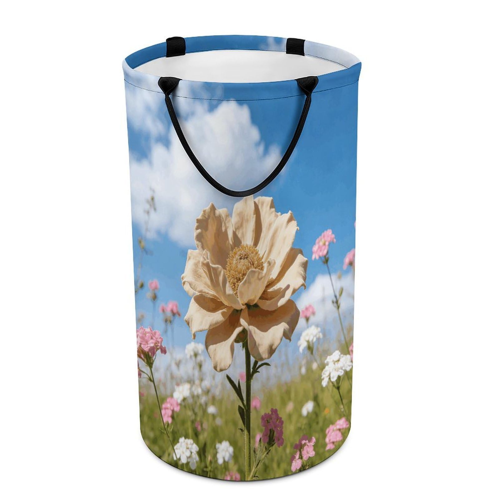 Beige Flower Laundry Hamper Waterproof Polyester Laundry Baskets Collapsible Dirty Clothes Storage Basket Clothes Hampers with Sturdy Handles for Travel Bedroom