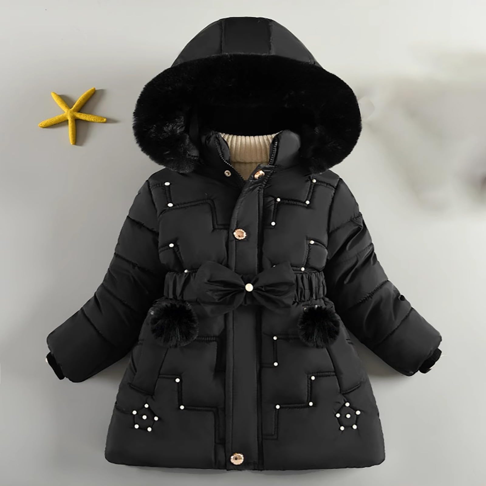 Winterjacke Mädchen Fleece Gefüttert Daunenjacke Bogen Gürtel Parka Jacke
