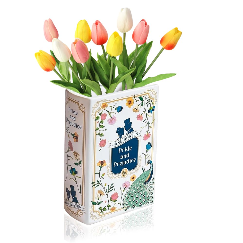 RNPKZ Ceramic Book Vase for Flower, Small Book Shaped Decorative Vase, Aesthetic Book Flower Vase, Vintage Unique Book Shaped Vase for Bookshelf Dcor Room Home Book Lovers Gifts (Pride and Prejudice)