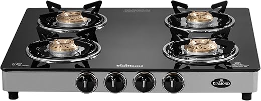 Sunflame Diamond 4 Burner Gas Stove | 2-Years Product Coverage by Sunflame | 2 Medium and 2 Small Brass Burners | Manual Ignition | Ergonomic Knobs…