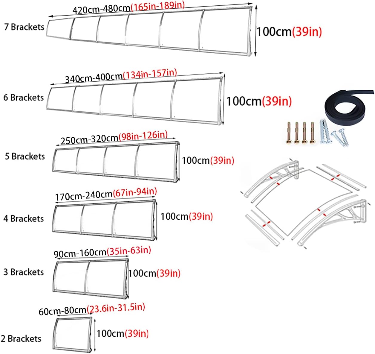 Outdoor Awning Front Door Canopy, Polycarbonate Porch Awning Transparent Door Canopy Outdoor Garden Shade Shelter for Front/Back Door Porch (100x380cm/39x149.6in)