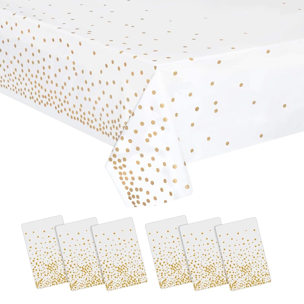 XENGUAN 6 Pack Plastic Tablecloth, 54''x108'' Disposable Waterproof Rectangle Table Cover for Birthday Graduation Wedding Table Decorations (Golden Dot/White)
