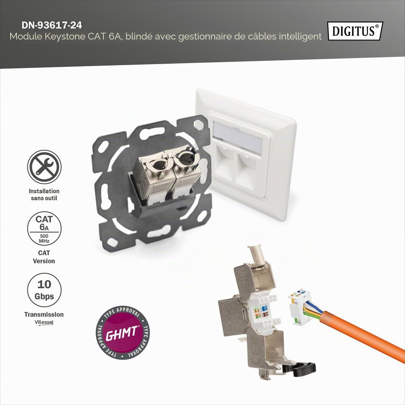 DIGITUS Module Keystone Cat 6A – 24 pièces – Organisateur de câbles | Blindé – Sans outil – LSA – PoE++ – AWG 26-22 – prise RJ45 – 500 MHz 10Base-T – 10 Gbit/s – Pour panneaux de brassage