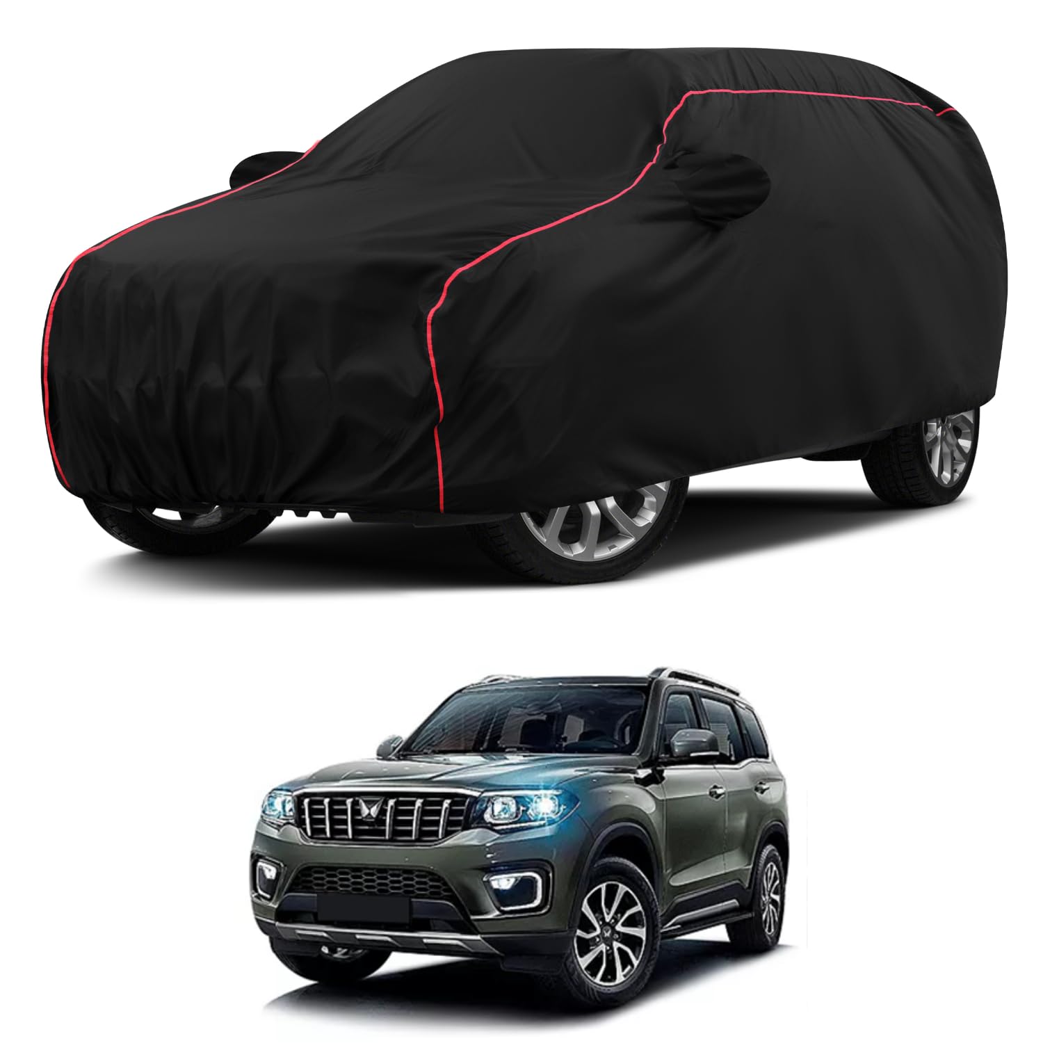 VOICO Water-Resistant Dustproof Car Cover for Mahindra Scorpio N - Mirror Pocket, UV Protection, Scratch Guard, Buckle Belt, Front & Back Bottom Elastic with Aqua Blue Piping - Black-image-11