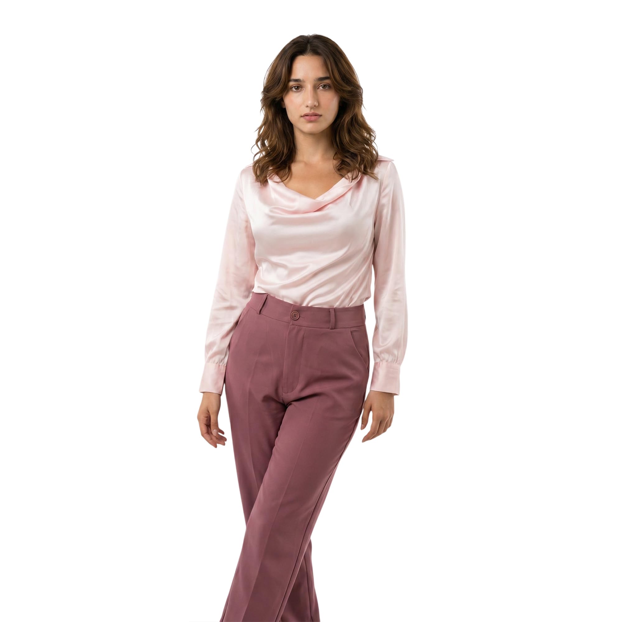 Women's Pink Silky Satin Cowl Neck Formal Shirt | Draped Luxury Office Blouse | Elegant Workwear for Women |-picture-24