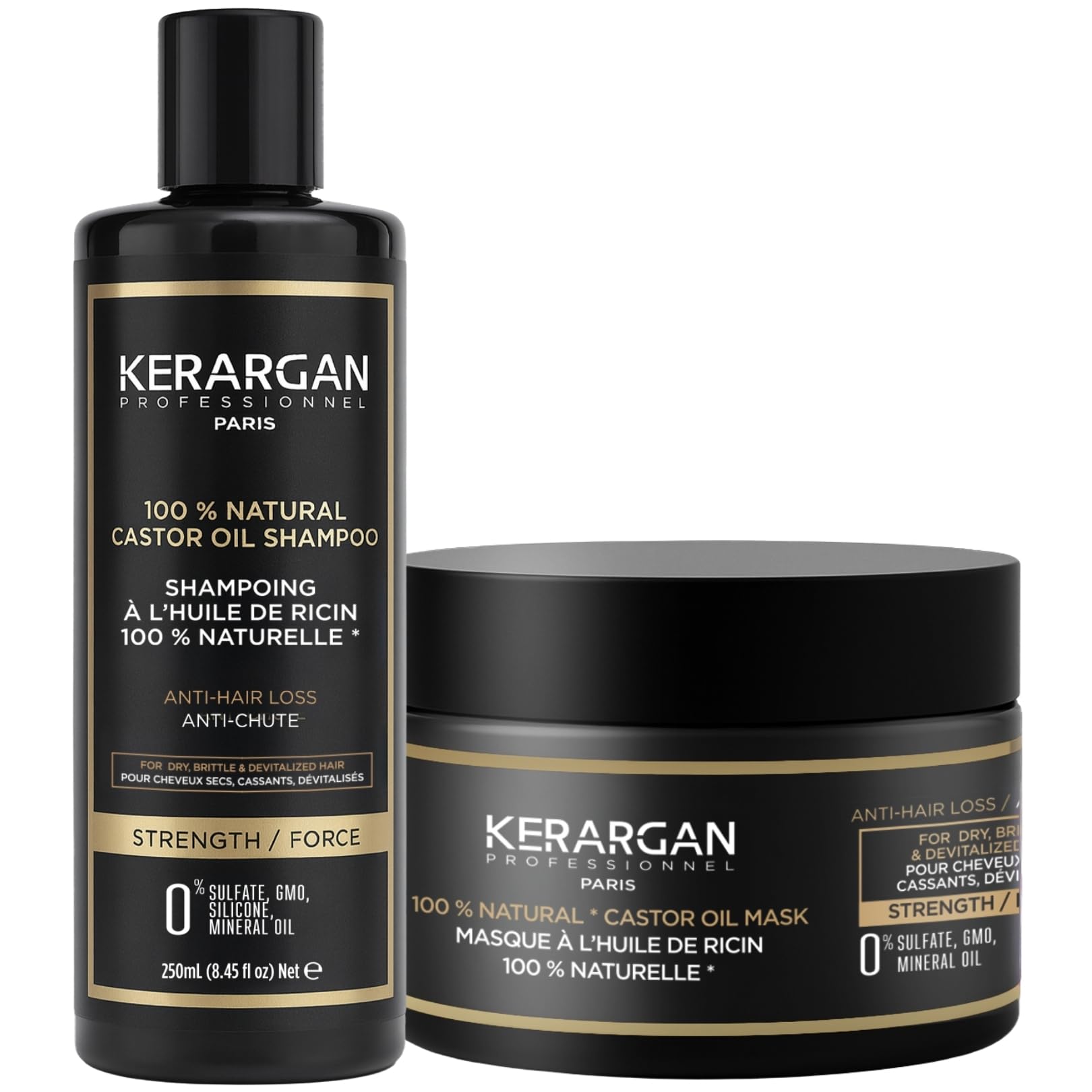 Kerargan - Hair Growth Duo Castor Oil Shampoo & Hair Mask for Dry, Fragile, Devitalized Hair - Boosts Growth - Sulfate-Free, Silicone-Free, GMO-Free - 2x250ml
