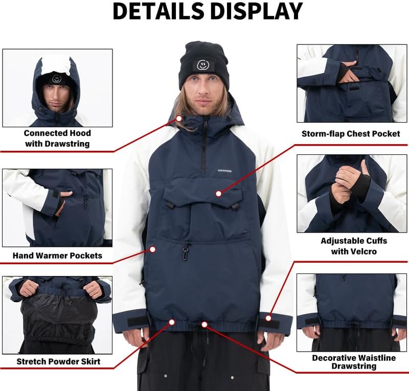 Snowshred Men's Baggy Half-Zip Snowboard Jacket Hooded Anorak Camo Leopard Waterproof Ski Coats for Winter Sports