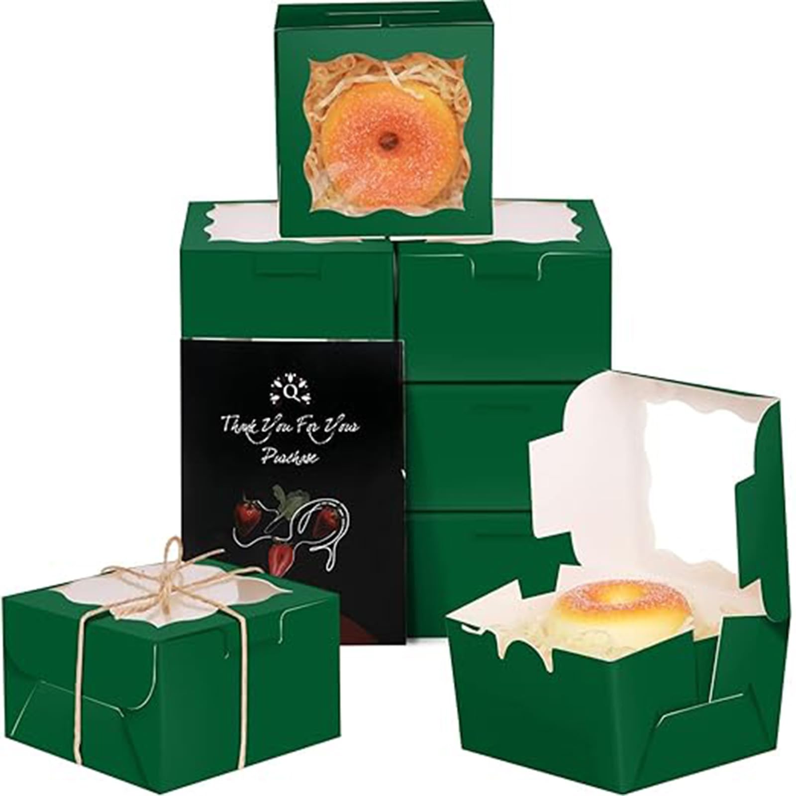 qiqee Deep Green Bakery Boxes with Window 55pcs 4x4x2.5 Mini Cookie Boxes Macaron Boxes Small Donut Pastry Boxes for Party