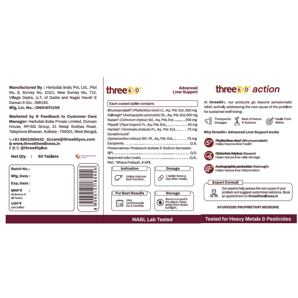 three60+ Advanced Liver Support Tablets | Daily Liver Detox & Fatty Liver Care | Clinically Proven Formula with Bhumiamalaki, Kalmegh & Kasani | Supports Liver Health & Alcohol Detox | 60 Tablet (Pack of 2)